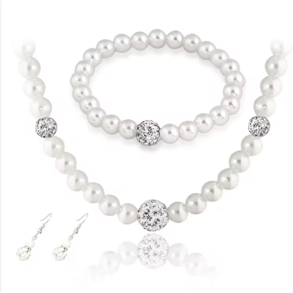Round White, Imitation Pearl, Crystal Mixed Piece Jewelry Set, Necklace, Bracelet, Stud Earrings, 4-Piece