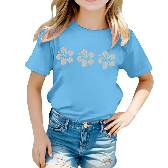 WEIYLL T-Shirts Filles à Fleurs Imprimées Col Rond Manches Courtes Décontracté Doux Ajusté Hauts de Sortie pour 6-7 Ans