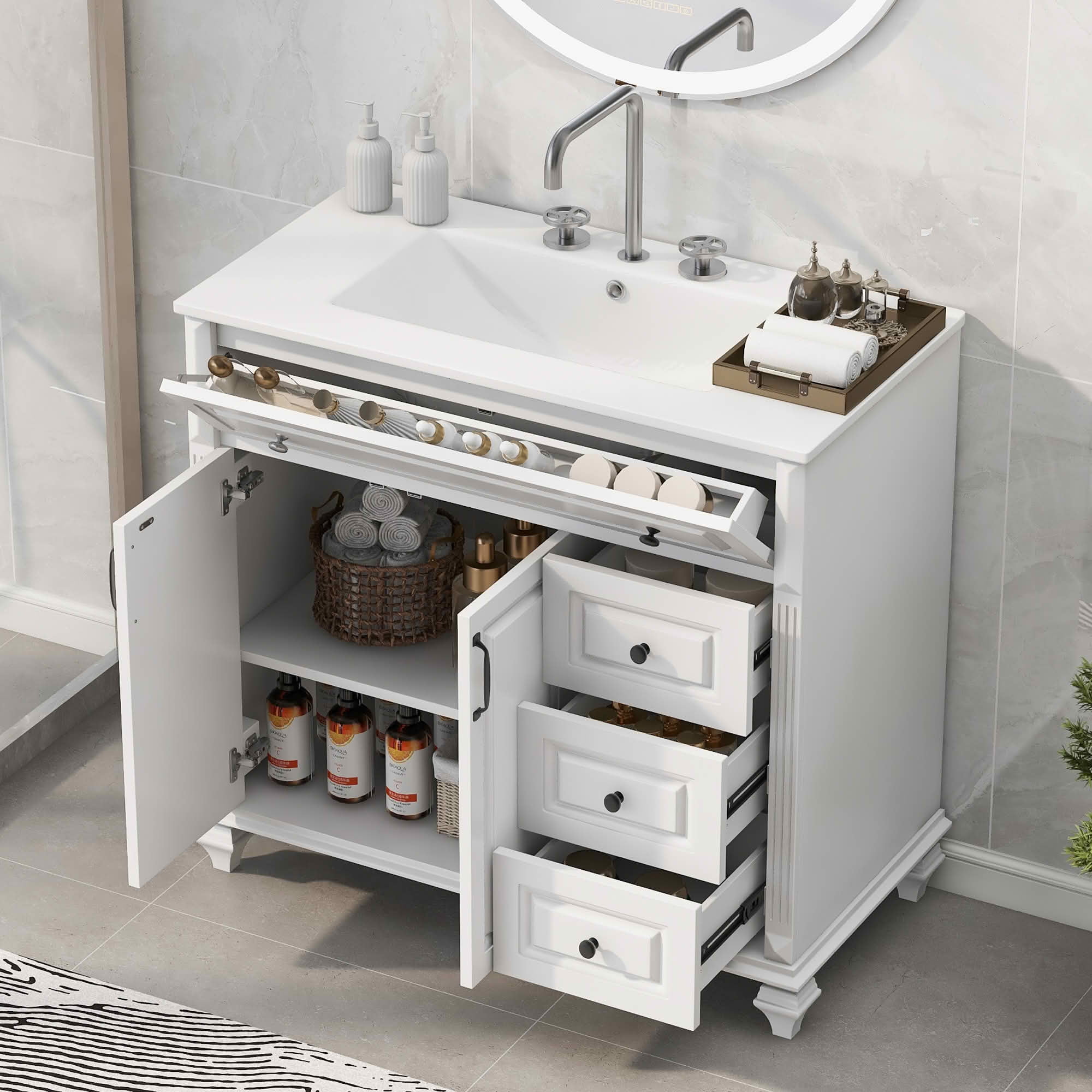 MAYEERTY 24" Bathroom Vanity with Sink Solid Wood MDF 2 Drawers 1 Door Adjustable Shelf Gray