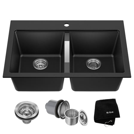 KRAUS Quarza 33” Drop-In / Undermount 50/50 Double Bowl Granite Kitchen Sink in Black Onyx
