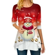 FEIWO Plus Size Women's Christmas 3D Snowman Printed T-Shirts Long Sleeve Round Neck Blouse Ladies Casual Tunic Tee Pullover Jumper Tops Size S-5XL