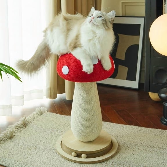 Cat Scratching Post Mushroom Shaped for Indoor Cats, Cute Sisal Scratcher with Solid Wood Spinner Toy, Durable Furniture Protector