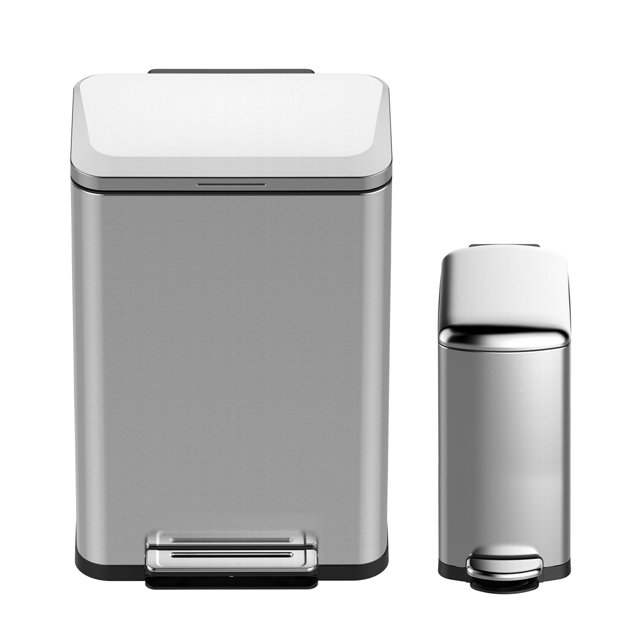 Stainless Steel 50 Liter / 13 Gallon Trash Can, Rectangular Steel Pedal Recycle Bin with Lid and Inner Buckets, Rectangular Hands-Free Kitchen Garbage Can
