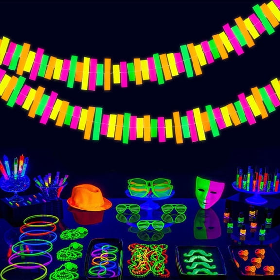 KONTONTY 2-Pack Neon Glow Party Decorations Fluorescent Paper Garland Hanging for Birthday and Celebration