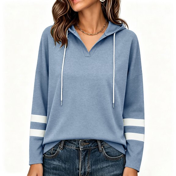 DISKEBUISS Women's V Neck Hooded Sweatshirt Striped Long Sleeve Drawstring Loose Hoodie for Fall Winter Casual Pullover