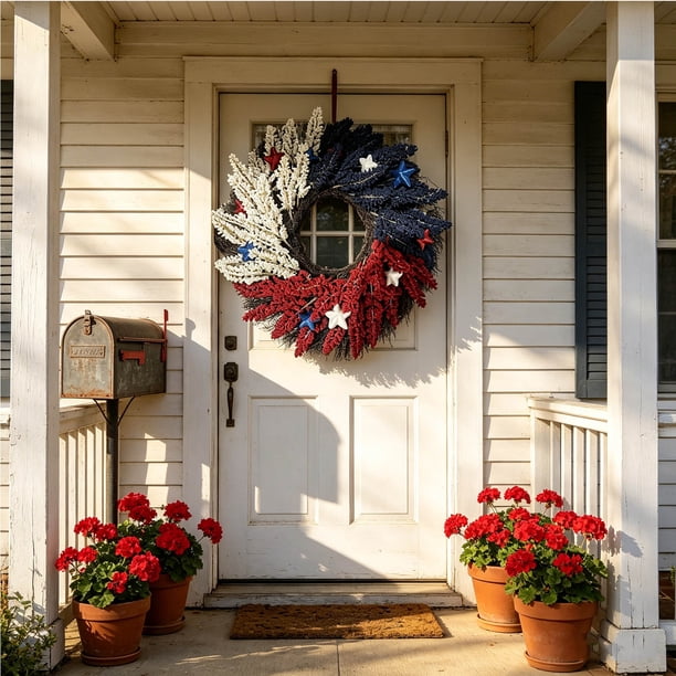 Patriotic Wreath Independence Day Wreaths, Summer Wreath American Flag Hanging Wreath Holiday Hanging Ornament, 4th of July Memorial Day Front Door Window Wall Decoration