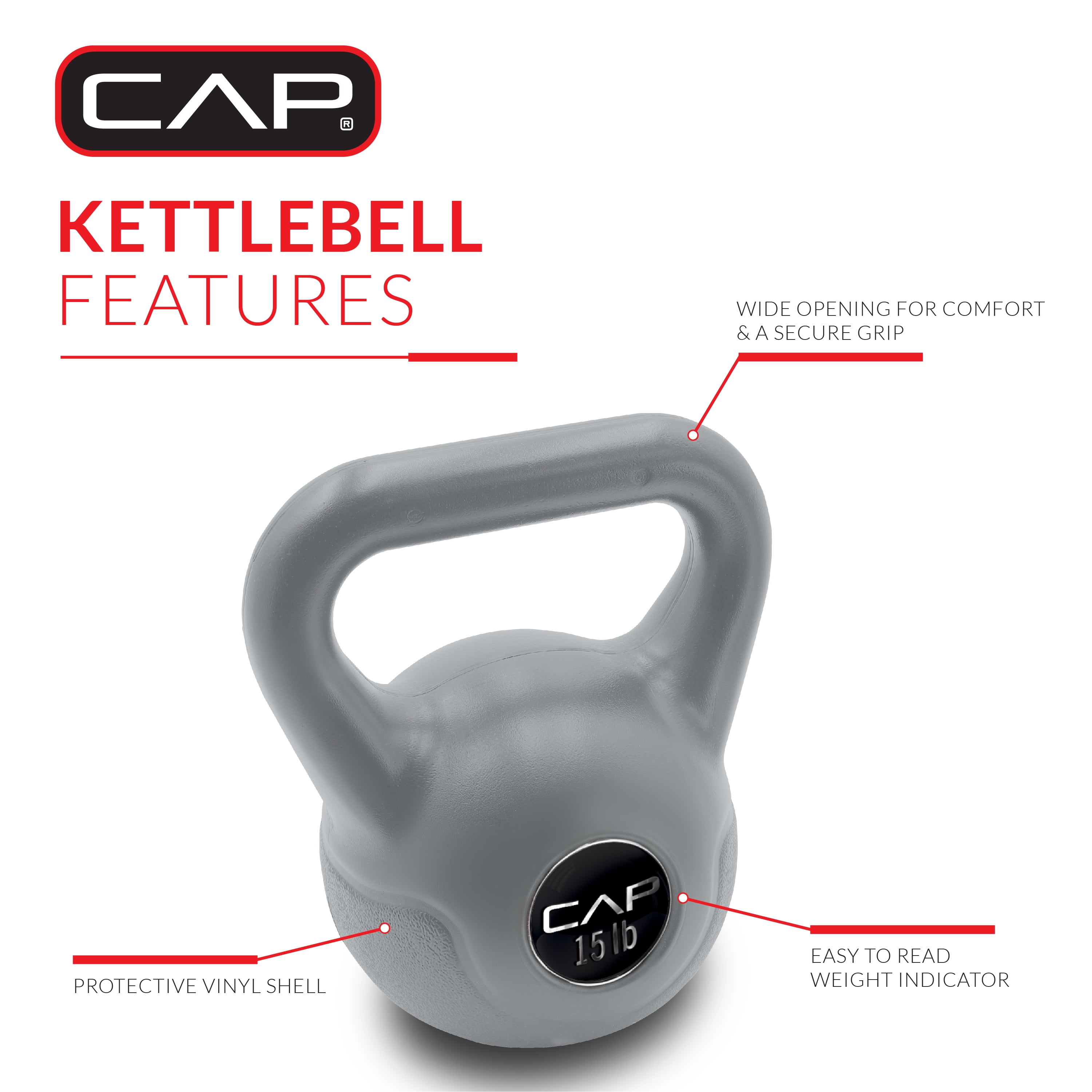 CAP Barbell 30lb Vinyl Kettlebell Set (5, 10, 15 lbs), Gray