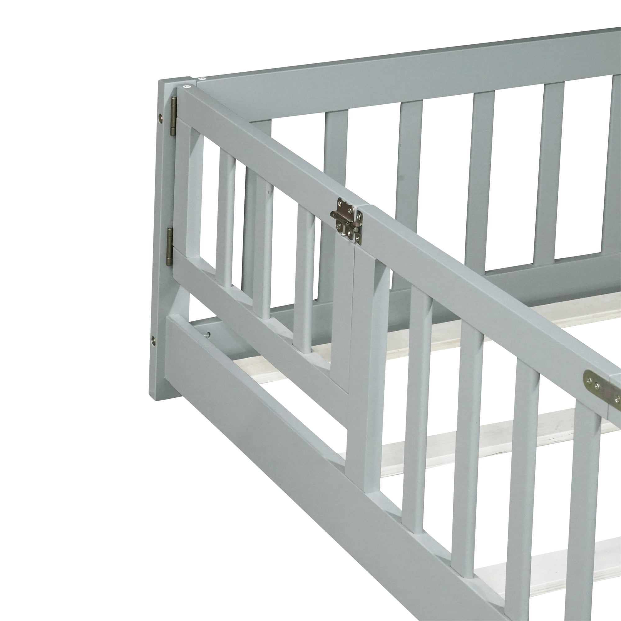 Alvantor Twin Size Floor Bed for Toddler, Solid Wood Floor Bed with Door and Fence Guardrail, Montessori Floor Bed for Boys, Girls,Gray