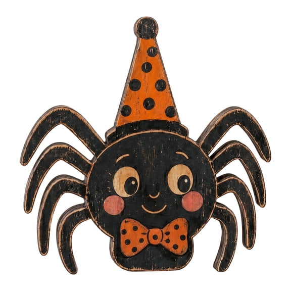 Vintage Halloween Party Hat Spider Wooden Tabletop Decor, Retro Cartoon Distressed Spider Figurine, Rustic Wood Desktop Ornament for Tiered Tray Mantel Shelf Halloween Indoor Party Decoration