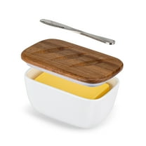 DOWAN 6.5in White Ceramic Butter Crock with Acacia Wood Lid &Knife, Spreadable Porcelain Butter Keeper for Countertop, Glazed French Butter Dish, Silicone Airtight Seal