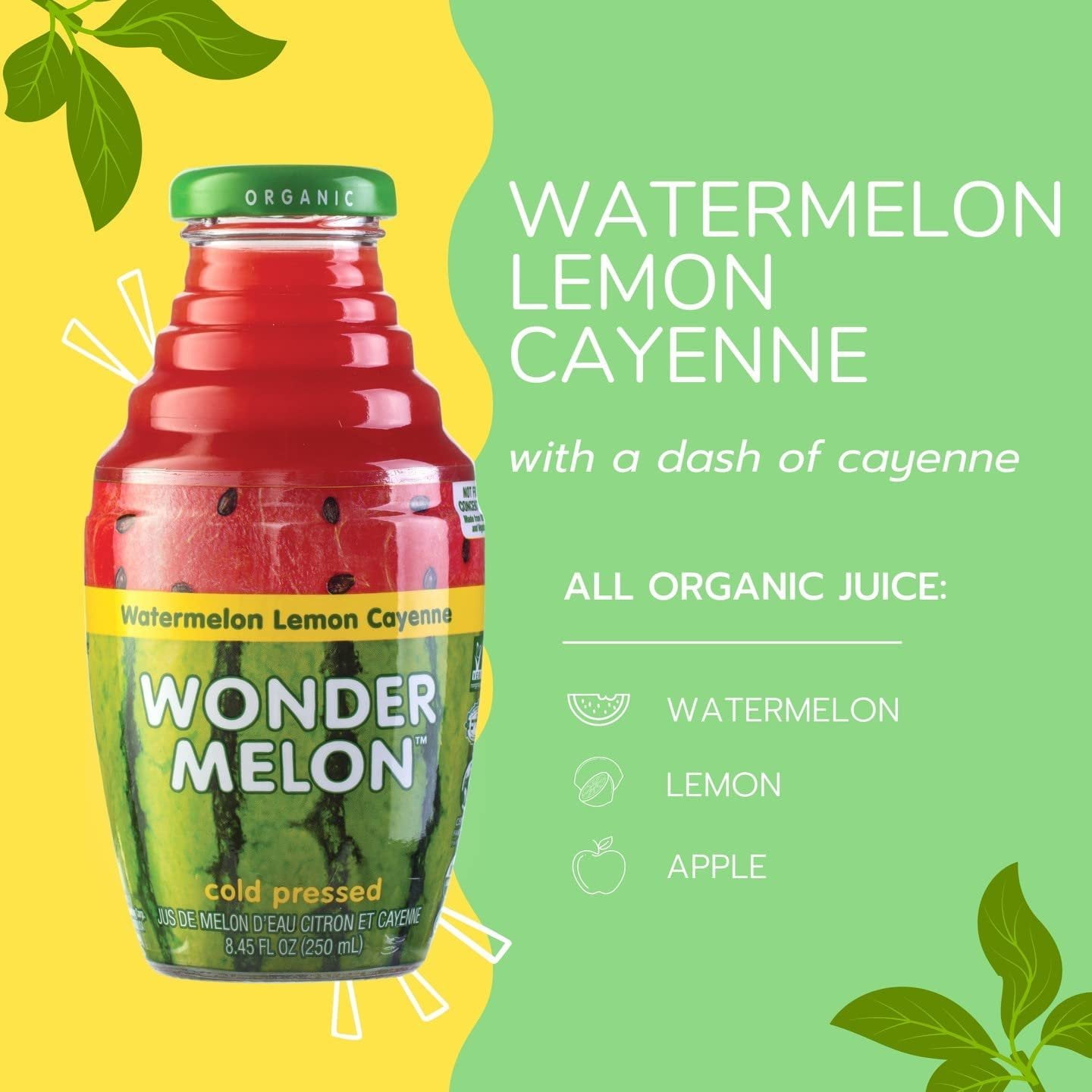 Wonder Melon Organic Watermelon Juice with Lemon & Cayenne, 8.45oz 6 Pack 100% Juice, Cold Pressed