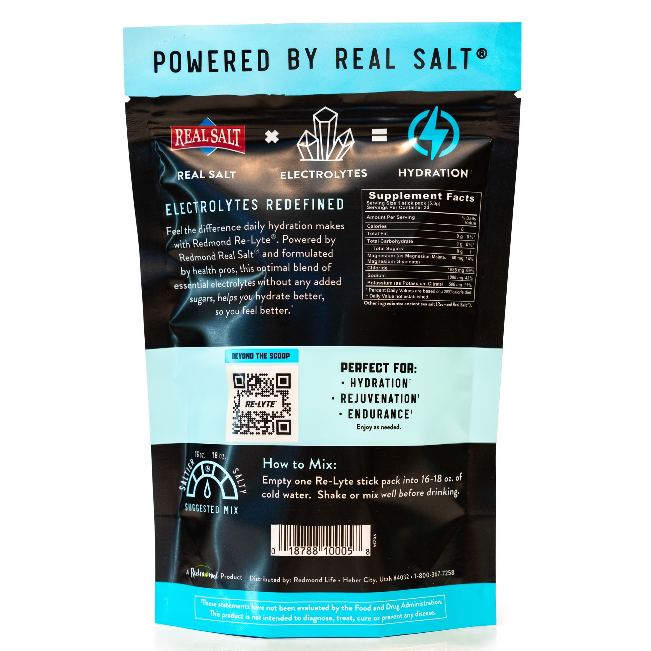 Redmond Re-Lyte® Hydration Drink Mix (Unflavored), 30 Stick Packs