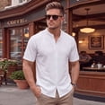 thumbnail image 2 of GrmtClth Men's Waffle Knit Stand Collar Shirt Casual Short Sleeve Full Button Placket Top Lightweight Breathable Ribbed Textured Solid Color Summer Everyday Wear Tops White M, 2 of 6