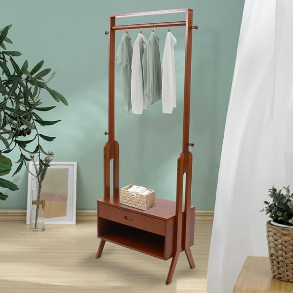 Miumaeov Clothes Rack with 4 Hooks Storage Cabinet Bamboo Clothing Organizer Large Capacity for Home Bedroom Entryway Brown
