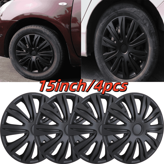 15" Matte Black Hubcaps/Wheel Covers for Most Cars,Set of 4 Snap on Car Truck SUV Hub Cap,ABS Material