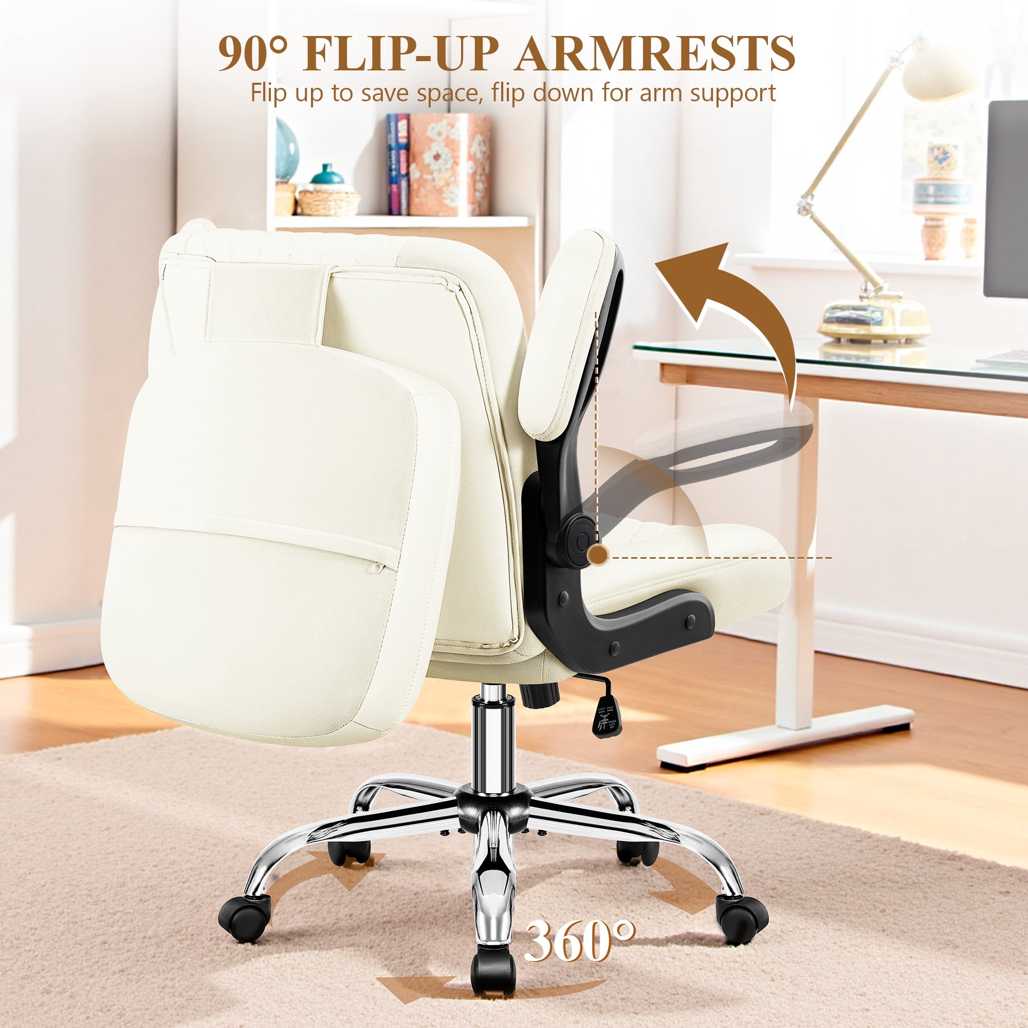 COOLHUT Criss Cross Chair with Flip-Up Arms and Wheels, Moveable Back Cushion Wide Seat Office Desk Chair, Height Adjustable Swivel Cross Legged Chair for Home Office, Study, Vanity, Beige