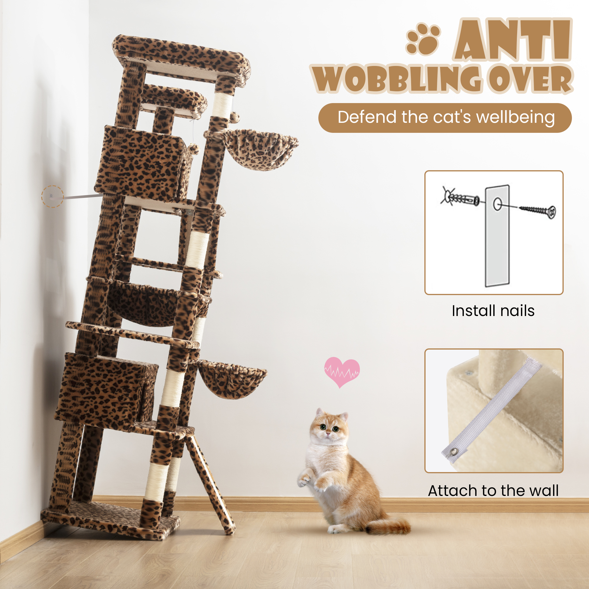 Sha Cerlin 81" Large Cat Tree Tower with Cat Condo & Hammock, Multi-Level & Sisal Scratching Post, Leopard Print
