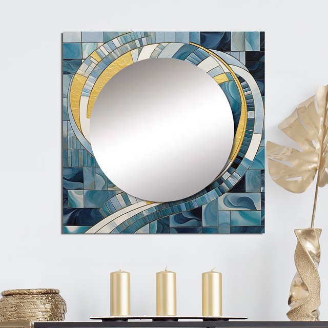 Designart "Constructing Blue Realms in Blue and Gold II" Abstract Shapes Blue Large Square Mirror - Square Bedroom Mirror Printed Wall Decor - Transitional Square Printed Wall Mirror Art