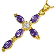 Fashion Alloy Yellow Gold-Tone Religious Cross Purple CZ Pendant Necklace