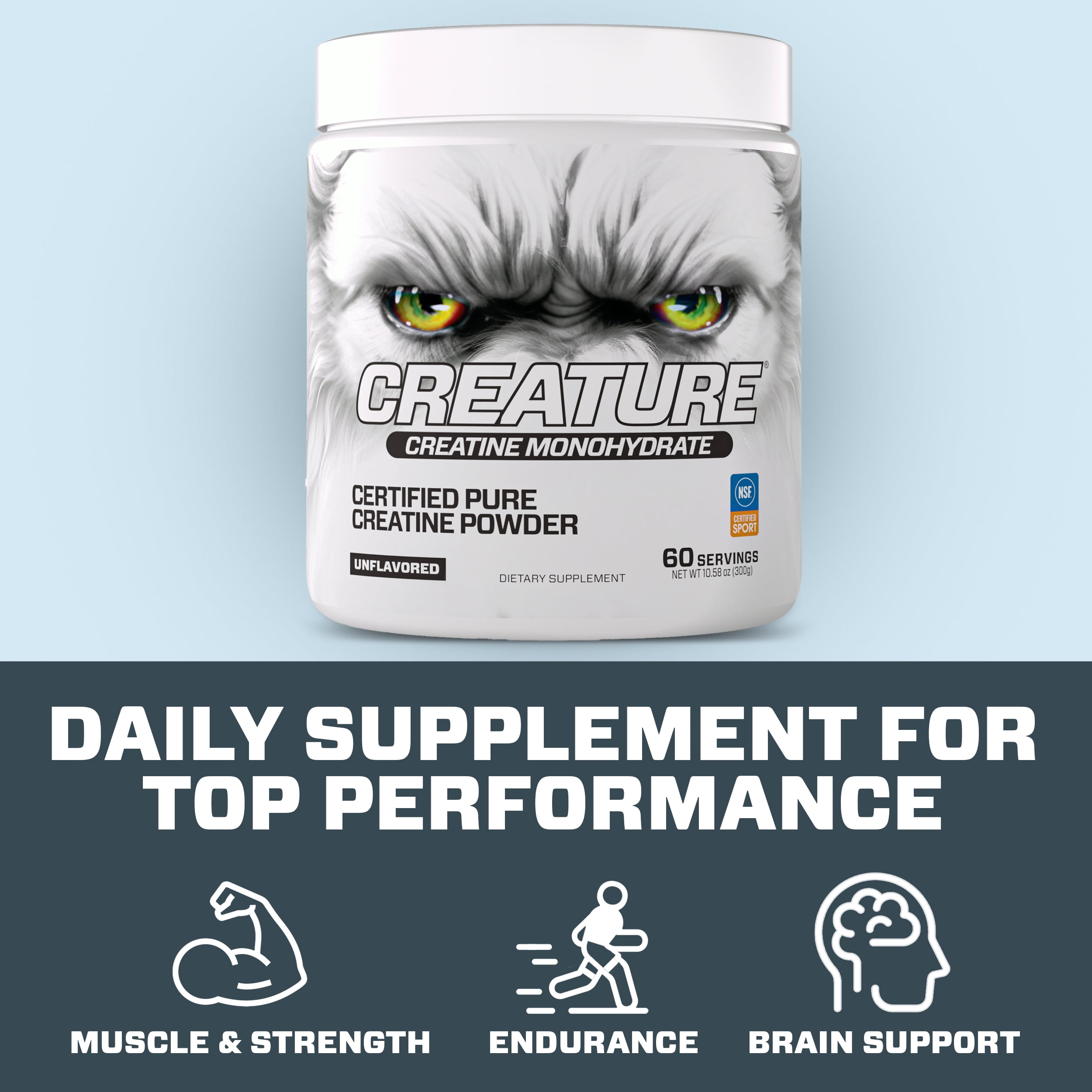 Creature® Creatine Monohydrate – NSF Certified for Sport®, Tested for 288+ Banned Substances– Pure Micronized Powder for Muscle, Growth, Strength, Recovery & Brain Support – Unflavored, 60 Servings