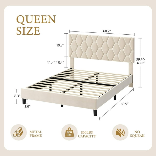 GloryStar Queen Size Platform Bed Frame with Upholstered Headboard and Wooden Slats Support, Upholstered Mattress Foundation/No Box Spring Needed/Easy Assembly