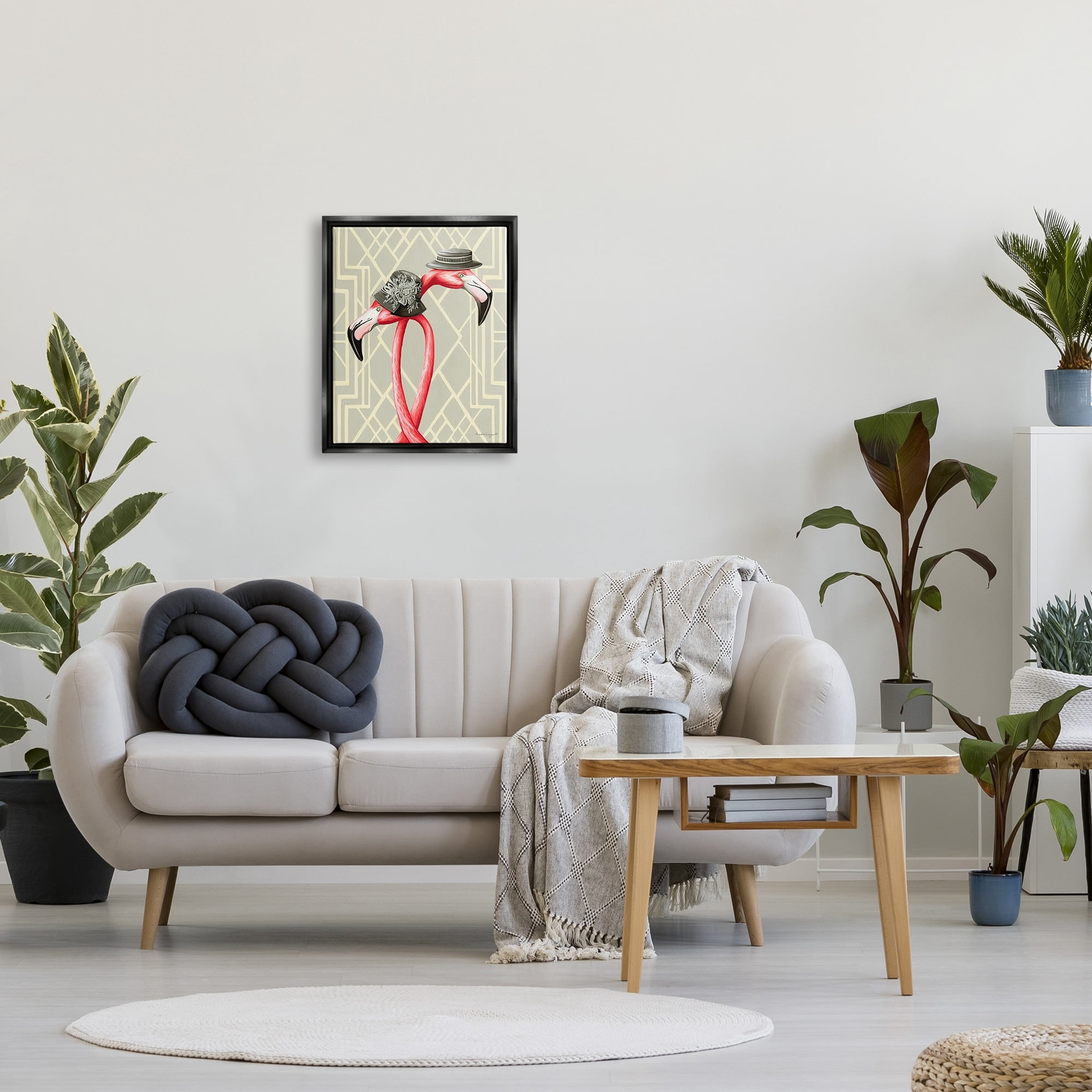Stupell Industries Pink Flamingos Intertwining Vintage Hats Shapes Design Graphic Art Luster Gray Floating Framed Canvas Print Wall Art, Design by Amelie Legault