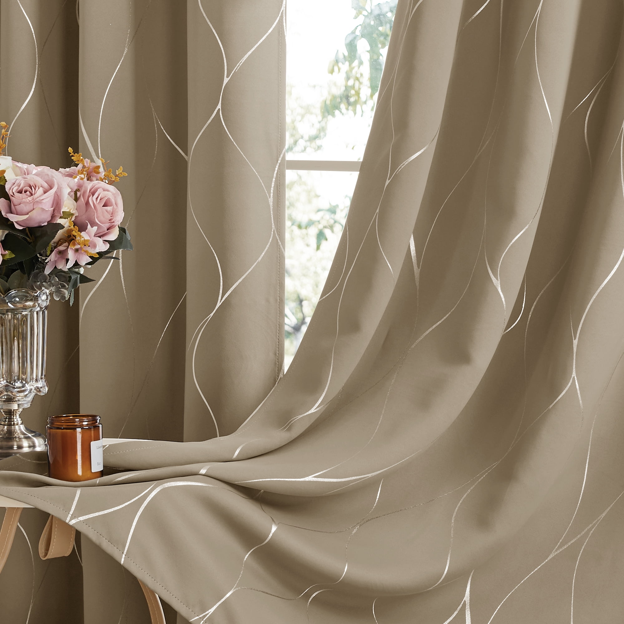 Deconovo Grommet Wave Print Blackout Curtains Khaki, 52x 72 inch, 2 Panels, Thermal Insulated for Living Room
