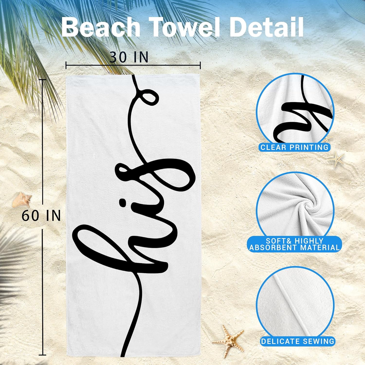 Hers and His Beach Towel Set of 2, Honeymoon Wedding Beach Towels Gifts for Newlywed Couple Bride Groom Valentine's Day, Black and White Beach Towels Oversized Decor for Bathroom 30x60 in