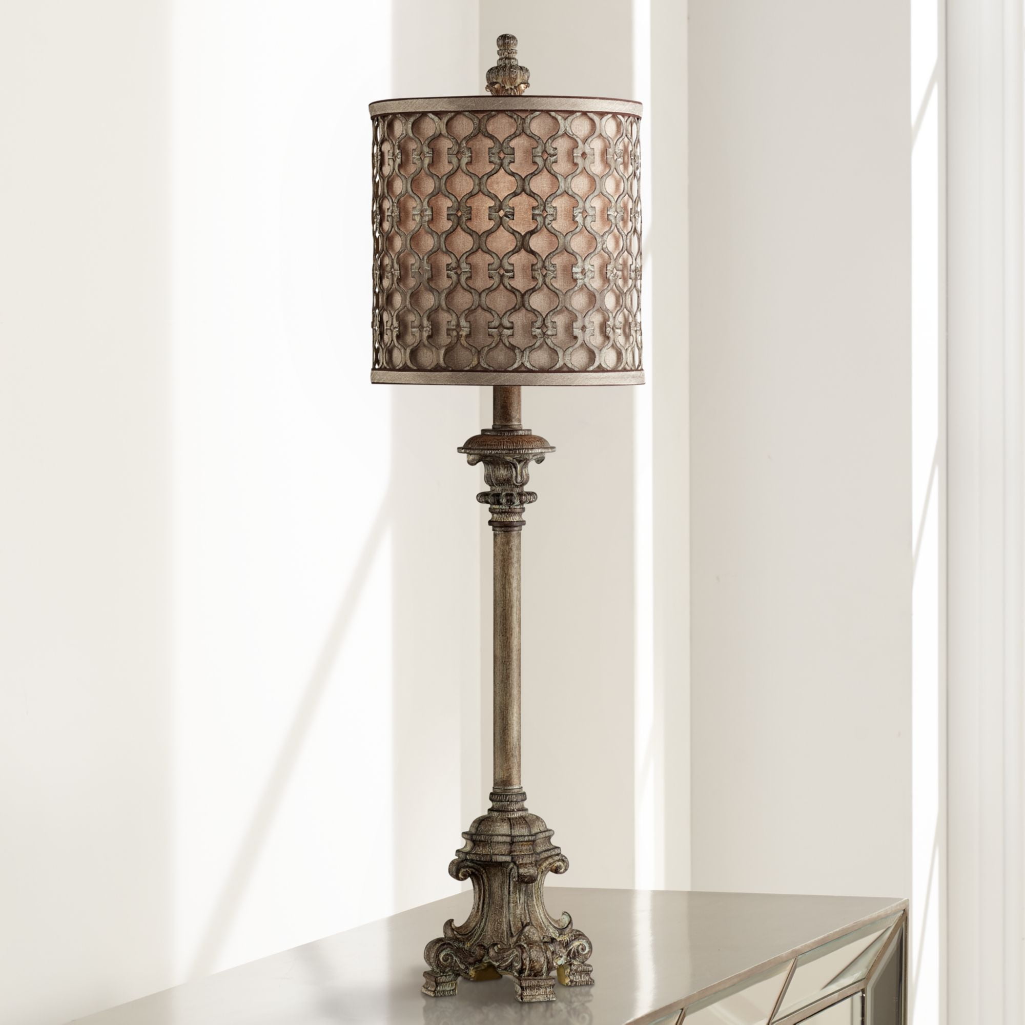 Regency Hill French Buffet Table Lamp Beige Scroll Metal Lattice