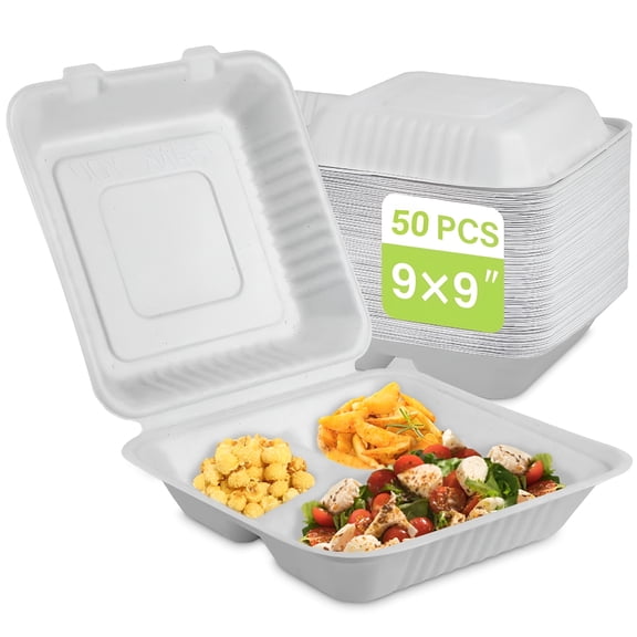 ACDANC 9X9 Clamshell Food Containers, 100 Pack Disposable Take Out Food Container with 3 Compartments, Compostable to Go Boxes, Eco Friendly to Go Containers with White Bagasse