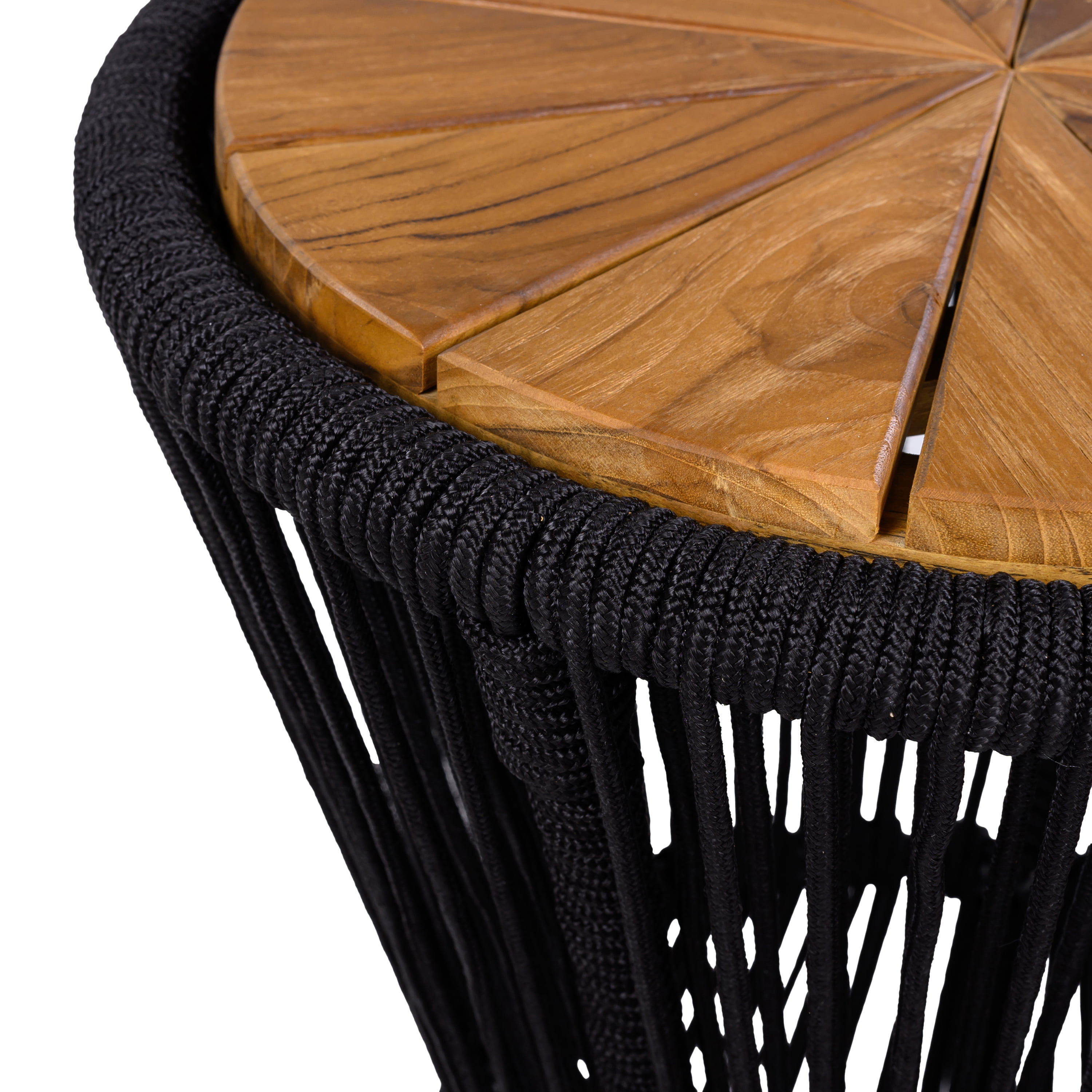 Side Table, Outdoor Black Rope and Acacia Wood Hourglass Design Table for Patio Deck, Teak