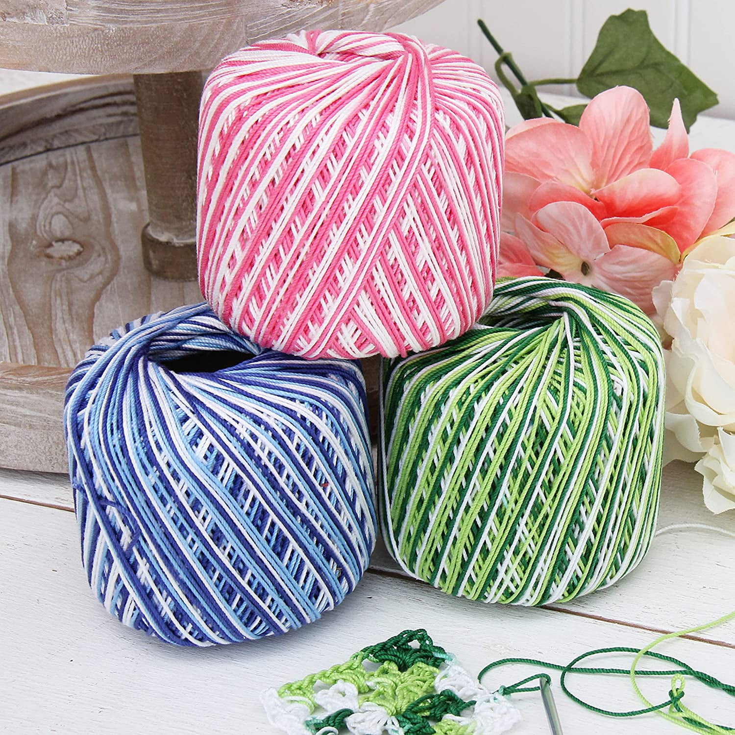 6 Ball Pack Threadart 100% Pure Cotton Multicolor Crochet Thread - Size 10 - Color 50 - Variegated Garden Greens