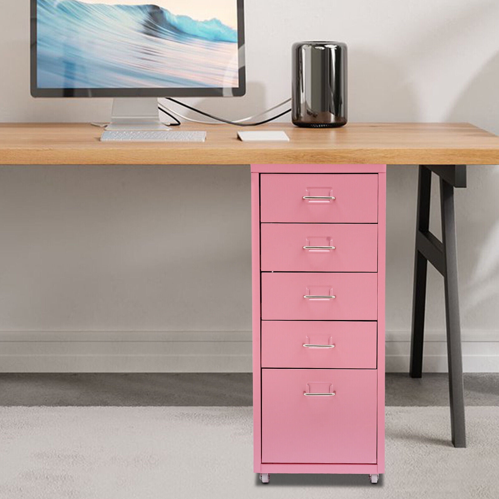 Metal File Storage Cabinet 5 Drawer Under Desk Filing Cabinets with Wheels Pink
