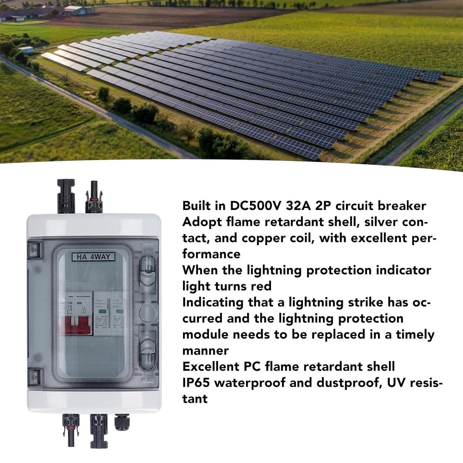 PV Combiner Box, Solar Photovoltaic Combiner Box, Outdoor Breaker Box with DC500V 32A Circuit Breaker for Solar Panels System