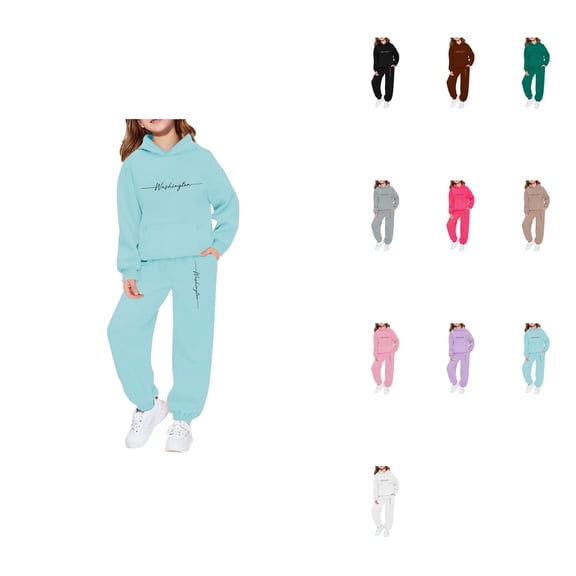 Girls Winter Warm Pullover Hoodie with Pants, 2 Piece Tracksuit Set, Cute New York Letter Print Jogger Sweatpants, Kids Casual Lounge Outfit 2-13 Years