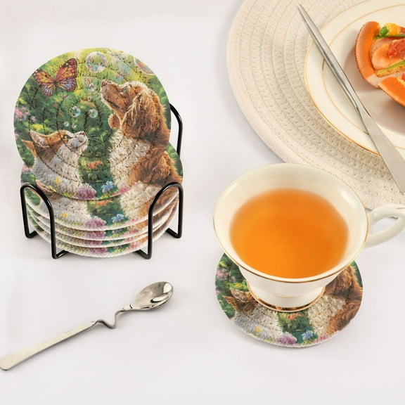 BZSMCE 6Pcs Drink Coasters With Holder 3.94Inch Cat and Dog with Butterflies Creative Coil Coaster Coasters Colors Absorbent Coasters for Drinks Coasters Set Thicken Heat for Home Table