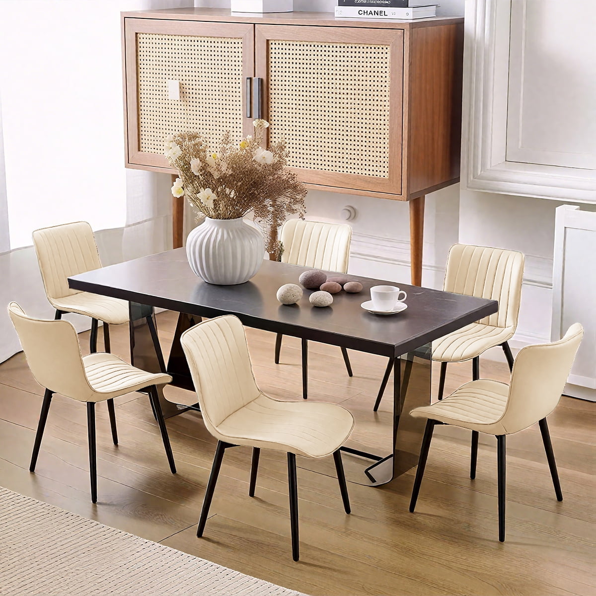 L'AGRATY Modern Dining Chairs Set of 6, High Back PU Leather Upholstered Kitchen Chairs with Cushion - Heavy Duty Metal Legs for Dining Room, Restaurant, Cafe (Beige)