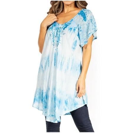 Sakkas Donna Women s Casual Lace Short Sleeve Tie Dye Corset Loose Top Blouse - 19214-Turq - Plus Size