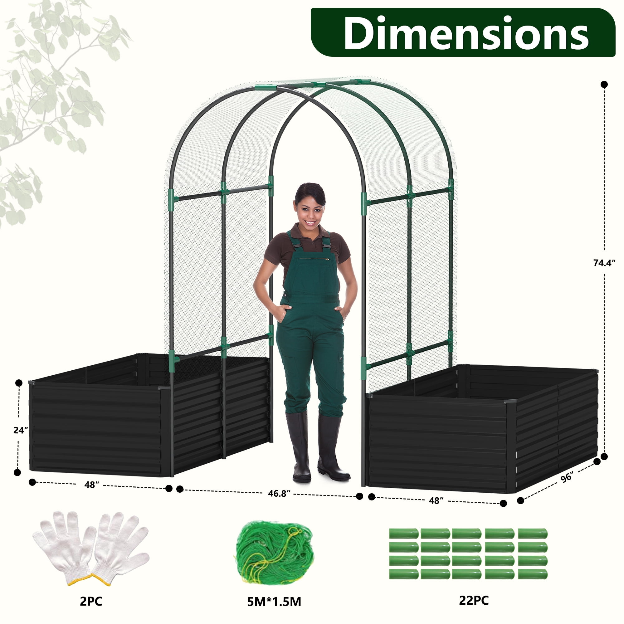 FOOWIN 8x4x2 ft 3 in 1 Galvanized Raised Garden Bed with Trellis, Outdoor Metal Planter Box for Vegetables & Flowers, 478 Gallon Capacity, Black