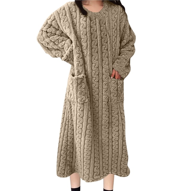Camisón largo de moda para mujer, bata de baño alargada, abrigada, de manga larga, con bolsillo