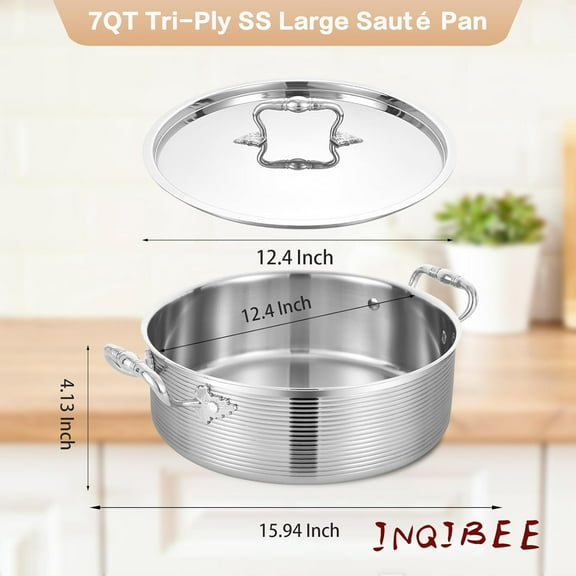 7 Quarts Tri-Ply Stainless Sauté Pan with Steel Lid, 12 Inch Induction Cooking Pot, Jumbo Cooker, Dishwasher and Oven Safe