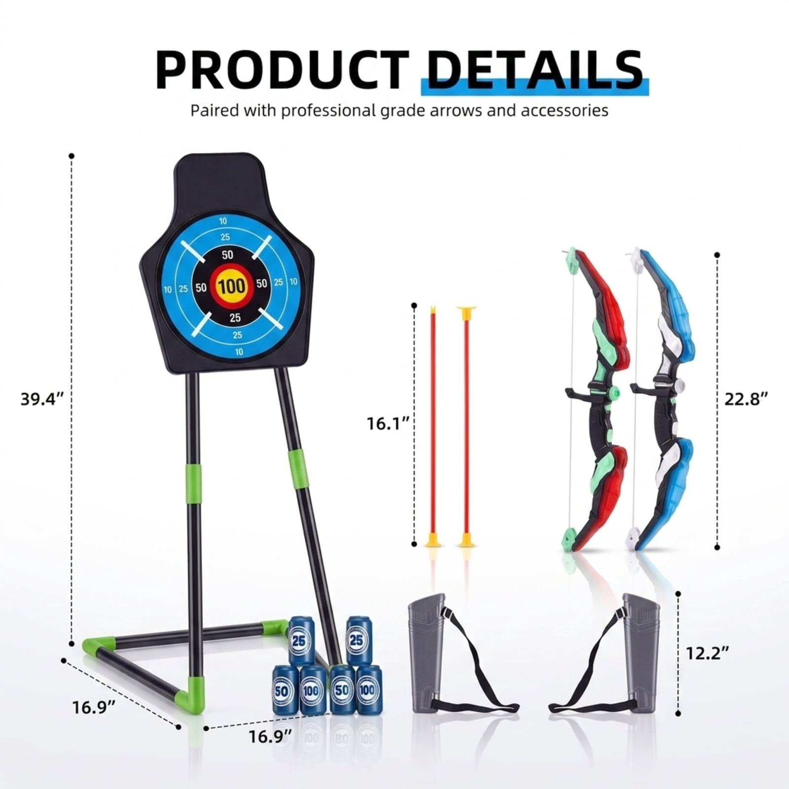 Fenbeli Light-Up Bow and Arrow Set with 2 LED Bows, 20 Suction-Cup Arrows, Standing Target and 2 Quivers