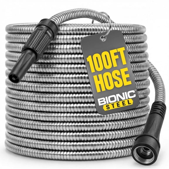 BIONIC STEEL 100 Ft Metal Garden Hose with Sprayer Nozzle, Non Kinking Designed Stainless Steel Heavy Duty Water Hose 100 Ft x 5/8 in. Flexible NON Expandable for Uninterrupted Water Flow, 500 PSI