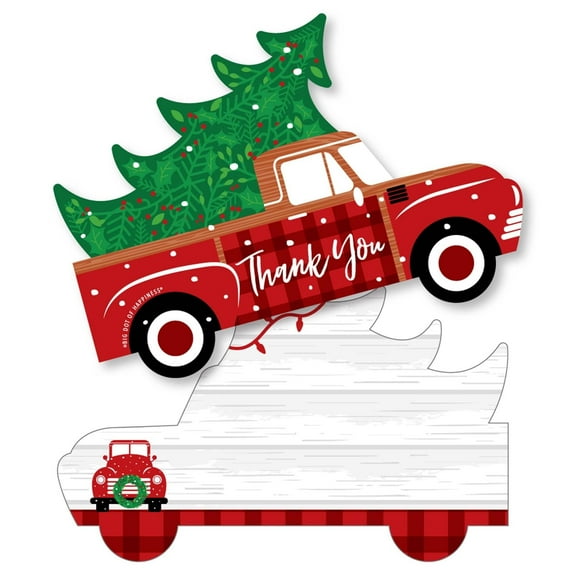 Big Dot of Happiness Merry Little Christmas Tree - Shaped Thank You Cards - Red Truck Christmas Party Shaped Thank You Cards with Envelopes Set of 12