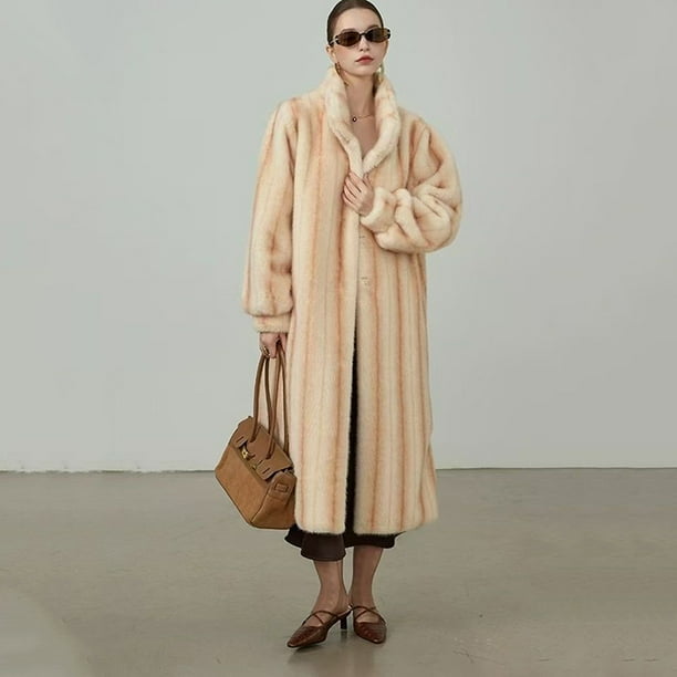 Abrigo largo de piel sintética con cuello levantado para mujer, chaqueta de piel larga Maxi de lana de visón, abrigo de nieve hasta la rodilla para invierno