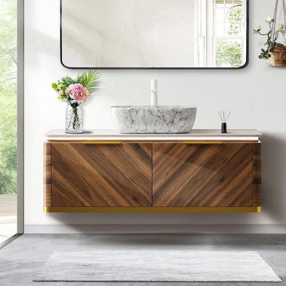 48" Bathroom Vanity with Sensor Light, Floating Plywood Bathroom Vanity & Sintered Stone Top - Bathroom Vanity with Sinks, Ceramic Vessel Basins Bathroom Sink - Dark Walnut Wood Grain Drawers Vanity