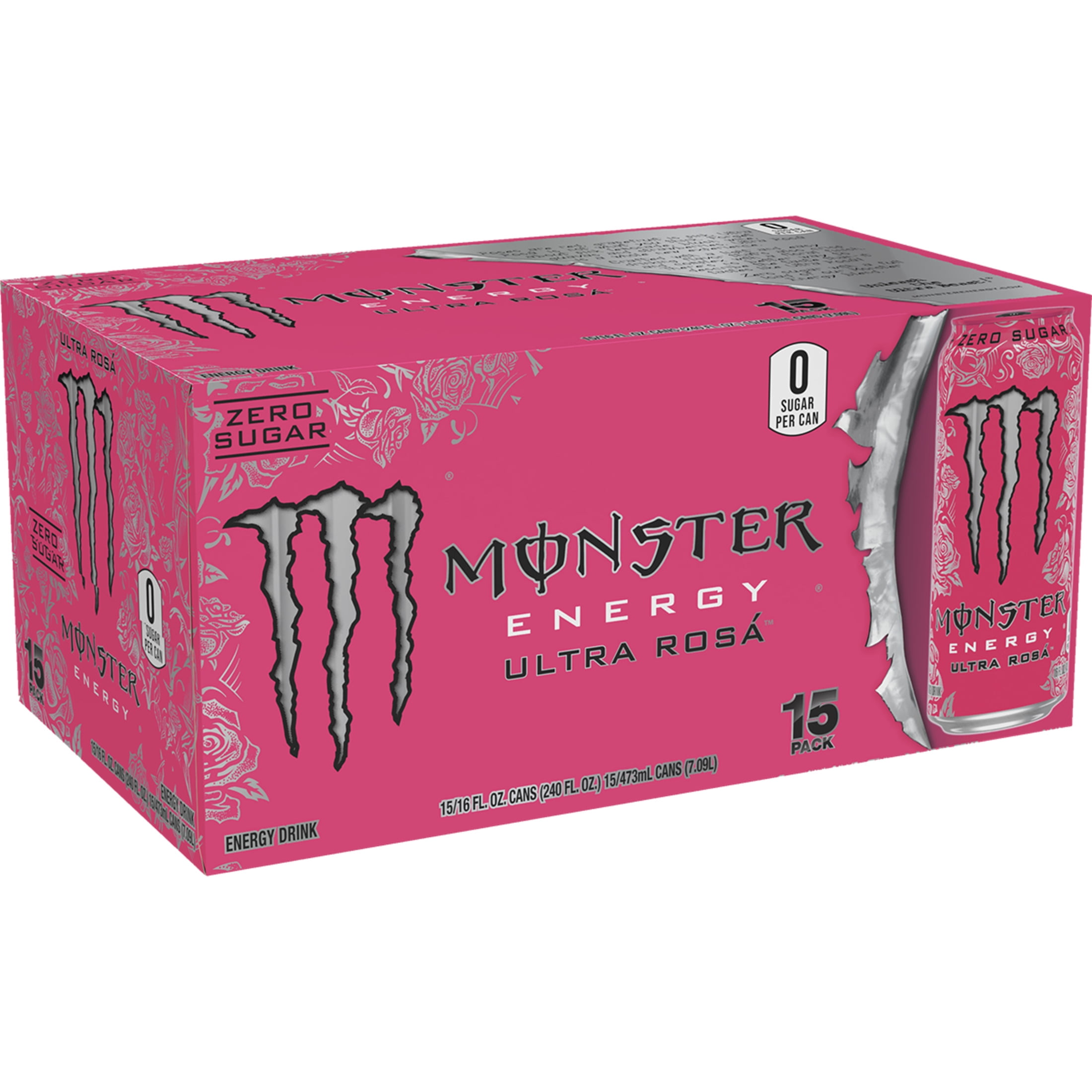 Monster Energy Ultra Rosa Energy Drink, Zero Sugar, 15-Pack, 16 Oz Cans