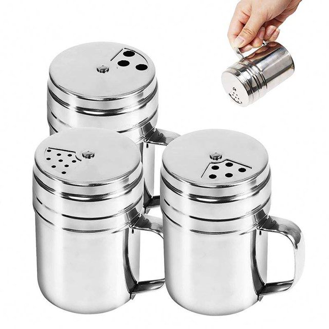 Draga de acero inoxidable 3PCS: Salero de acero con asa, azucarero en polvo con tapa, pimentero, harina, especias, cacao, café, condimento, coctelera