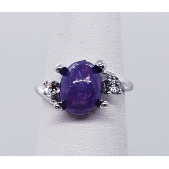 Size 5, Purple Fire Opal Silver Ring