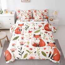 Castle Fairy Cartoon Orange Fox Twin Bedding Sets 7-Piece for Kids Children,Cute Jungle Wildlife Bedding Comforter Set Microfiber,Chic Floral Flowers Breathable Sheet Sets,Lightweight Room Decor